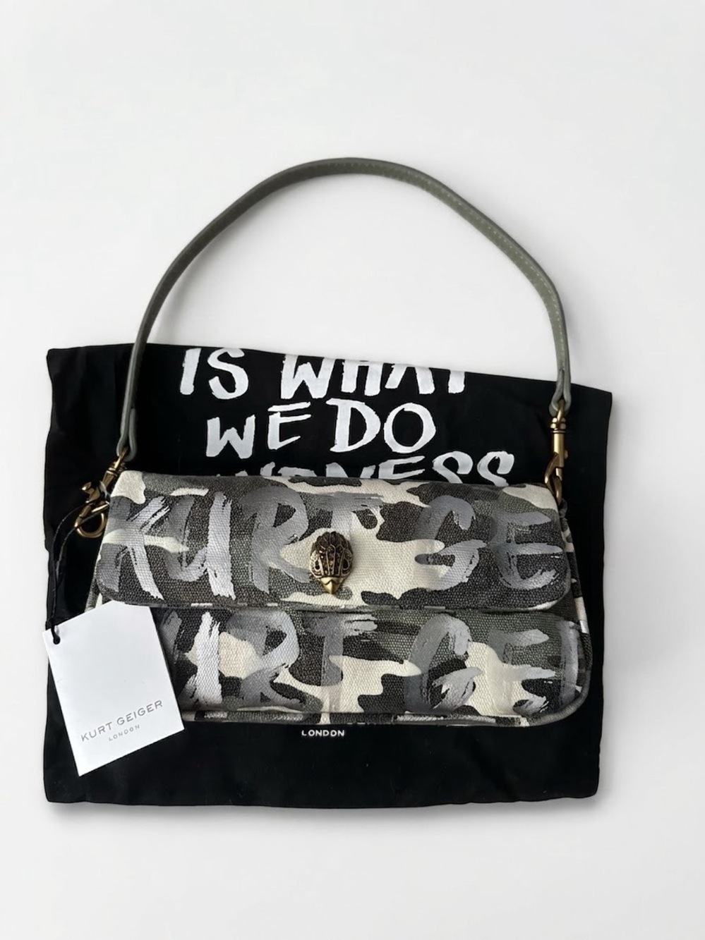 NWT Kurt Geiger London "The Pickle" Denim Shoulder Bag Crossbody Camo Graffiti